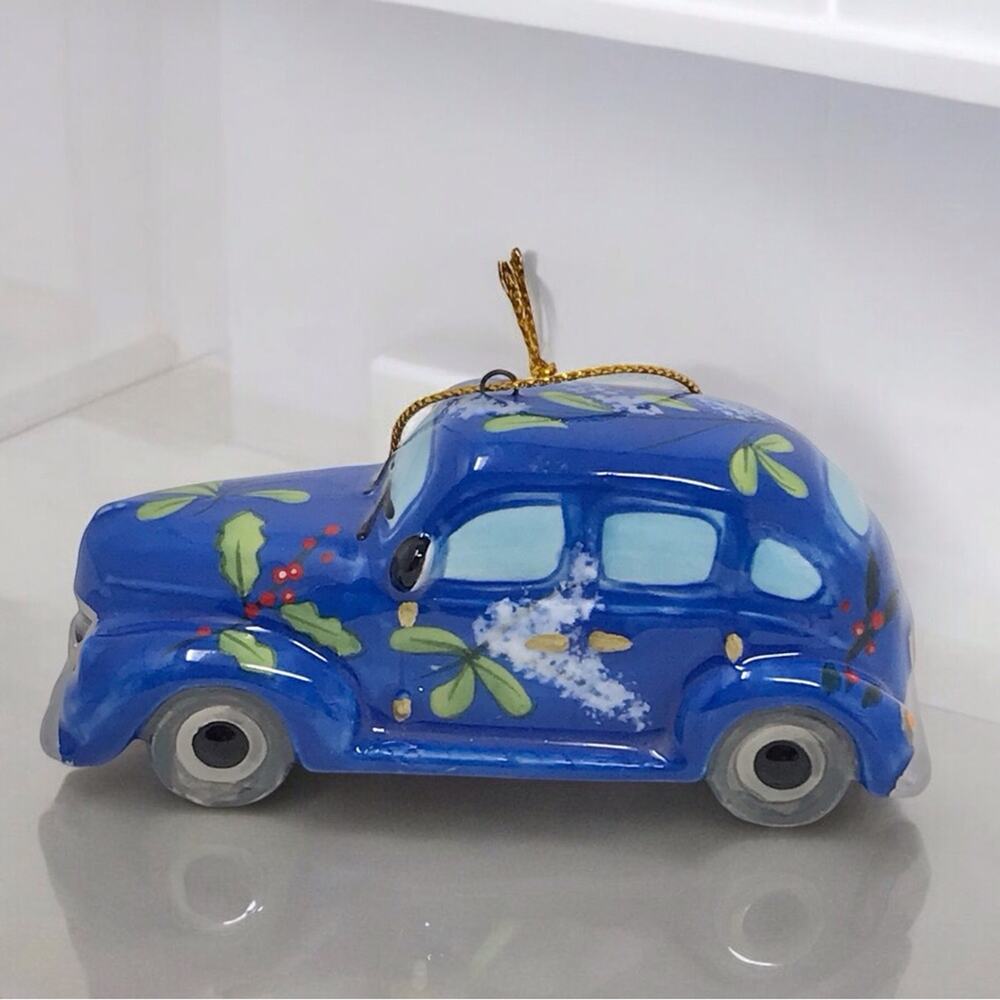 Kurt Adler NWT Blue Porcelain Vintage Car Mistletoe Christmas Ornament